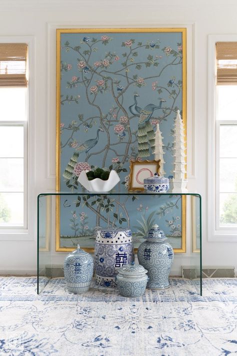 Wallpaper On Panel, Wallpaper As Art Wall Decor, Italy Inspired Wallpaper, Diy Wallpaper Panels, Bodhi Mirror, Charleston Decor Interior Design, Chinoiserie Decorating Bedroom, Framing Wallpaper As Art, Diy Chinoiserie Panels