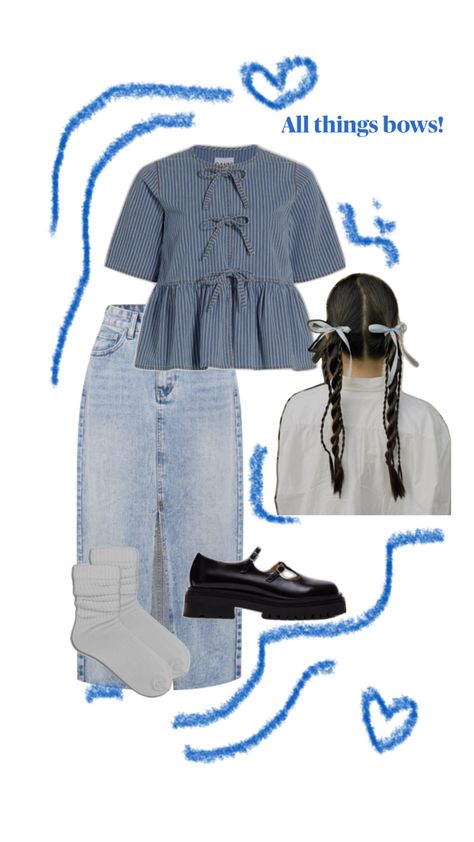 Front bow tie top with denim skirt and Mary Jane’s! All things Bows! Tie Tops Outfit, Denim Modest Outfit, Spring Outfits With Skirts, Bow Tie Top Outfit, Mary Jane Summer Outfit, Trending Skirt Outfits, How To Style Denim Skirt, Front Tie Top Outfit, Denim Top Outfit Ideas