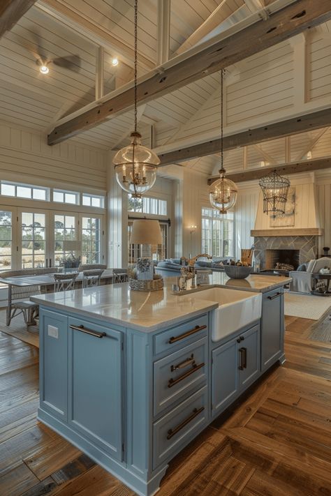 Discover creative ways to incorporate nautical accents and natural materials into your kitchen. Kitchen By The Sea, Lake Cottage Kitchen Ideas, Blue Farmhouse Interior, Kitchen Ideas Beach House, Lake House Kitchen Cabinets, Blue Farmhouse Kitchen, Barndo Kitchen, Barn House Kitchen, Beach Cottage Kitchens