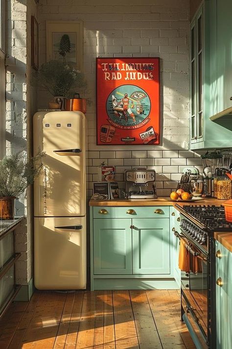 Pop House Design, Kitchen 70s Modern, Bright Home Design, Retro Interior Design Kitchen, Minimalistic Vintage Interior, Vintage Kitchen Interior, Kitchen Vintage Aesthetic, Kitchen Inspo 2024, Retro Aesthetic Interior Design