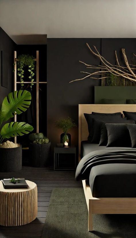 Black Sofa Bedroom, Black Wall In Master Room, Black Bedroom Aesthetic Cozy, Moody Guest Bedroom Ideas, Black Primary Bedroom, Green Brown Black Bedroom, Dark Cozy Bedroom Ideas Small Spaces, Colors That Go Well With Black, Moody Black Bedroom