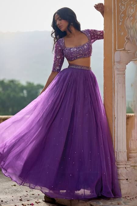 Buy Purple Lehenga Organza Embroidery Aari Square Neck Mukaish Set For Women by Zoon Online at Aza Fashions. Lehenga Back Neck Design, Aari Work Blouse With Net, Mukaish Embroidery, Purple Lehenga, Formal Ideas, Ghaghra Choli, Crop Top Lehenga, Simple Lehenga, Organza Lehenga