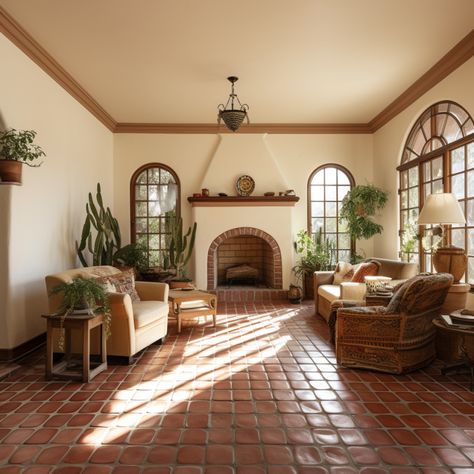 cream and terra cotta living room Terra Cotta Tile Floors Living Room, Red Tile Living Room, Terracota Floor Living Room Ideas, Terracotta Tiles Living Room Modern, Saltillo Tile Living Room Color Schemes, Terracotta Living Room Floor, Terracotta Floor Tiles Living Room, Spanish Tile Flooring, Saltio Tile