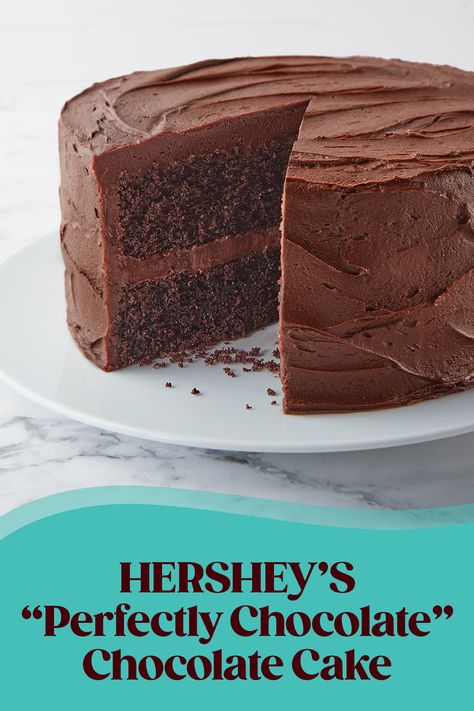 chocolate cake with chocolate frosting and banner on bottom of image with recipe title Homemade Chocolate Cake From Scratch, Hersheys Chocolate Cake, Hershey Cake, Hersheys Chocolate Cake Recipe, Chocolate Chocolate Cake, Hershey Chocolate Cakes, Candy Pie, Baking From Scratch, Chocolate Cake From Scratch