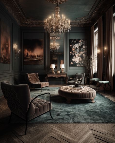 Dark Walls Interior Design, Dark Parisian Living Room, Moody Victorian Interior Design, Old Classic Interior Design, Moody Elegant Interior, House Interior Inspo Aesthetic, Tudor Manor Interior, Dark Formal Living Room, Antique Design Interior