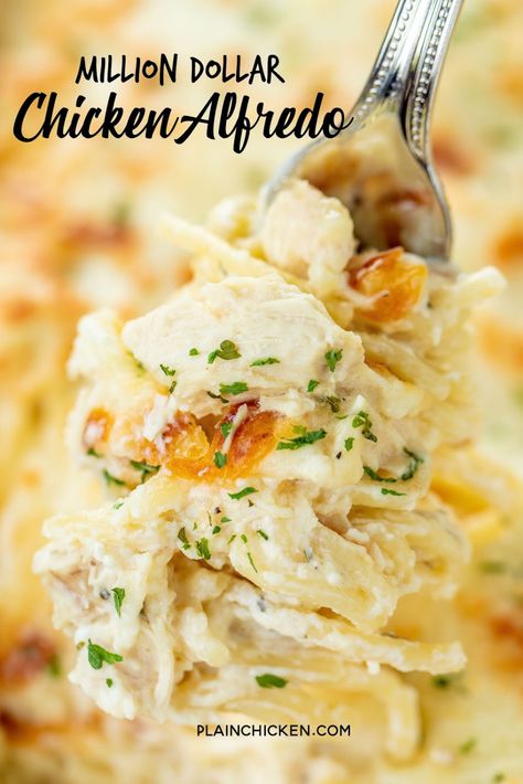 Million Dollar Chicken Alfredo - seriously delicious! Chicken, pasta, alfredo sauce and 4 cheeses! The BEST chicken alfredo EVER!!! Can make ahead and refrigerate or freeze for later. Spaghetti, cream cheese, sour cream, cottage cheese, chicken, Alfredo sauce, parmesan cheese and mozzarella cheese. Serve with a simple salad and garlic bread. Great for dinner parties and potlucks! Everyone loves this easy casserole! I never have any leftovers!! #casserole #chickencasserole #pasta #freezermeal Million Dollar Chicken, Chicken Alfredo Casserole, Pasta Alfredo, Chicken Alfredo Recipes, Chicken Alfredo Pasta, Simple Salad, Stuffed Pepper, Alfredo Sauce Recipe, Cheese Chicken