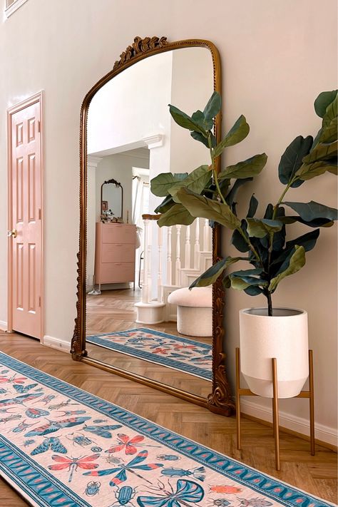 Large Entry Mirror Ideas, Big Standing Mirror In Living Room, Anthropologie Primrose Mirror Entryway, Primrose Mirror Entryway, Big Gold Mirror Living Room, Anthro Mirror Entryway, Floor Mirror Styling, Large Floor Mirror In Bedroom, Entryway Large Mirror