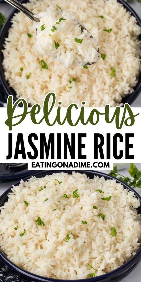 If you love serving rice with your main dish recipes, then you need to make this easy Jasmine Rice Recipe. Simple steps makes this rice easy to prepare. Rice is a staple side dish that I make with grilled, baked, or stovetop recipes. It is budget friendly and easy to make. You can season it in a variety of ways and every one loves it. #eatingonadime #jasminerice #easyrecipe Jasmine Rice Crockpot Recipes, Steamed Jasmine Rice, Jasmine Rice Recipes Side Dishes Easy, Perfect Jasmine Rice Stovetop, Healthy Jasmine Rice Recipes, What To Make With White Rice, Seasoned Jasmine Rice, Best Jasmine Rice Recipe, Jazmin Rice Recipe