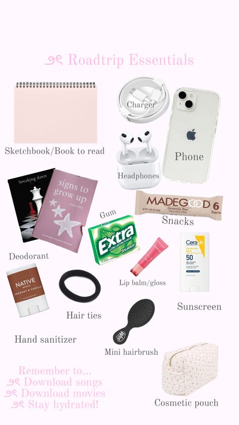 Coquette/Pink/Cute/Whats in my bag/Road trip essentials Road Trip Necessities, Trip Essentials Packing Lists, Sleepover Essentials, Road Trip Bag, Road Trip Kit, School Backpack Essentials, Airplane Travel Essentials, Packing Essentials List, Carry On Essentials