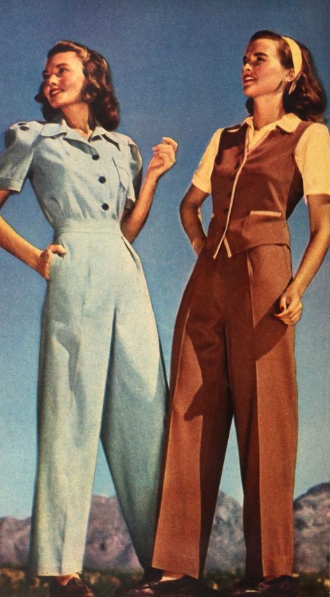 1940s Fashion Pants, 40s Casual Fashion, 1940 Clothes Womens Fashion, 1945 Fashion Woman, 1940s Women Fashion, Early 40s Fashion, Siren Suit 1940s, 1940s Pants Women, Vintage Summer Outfits Women