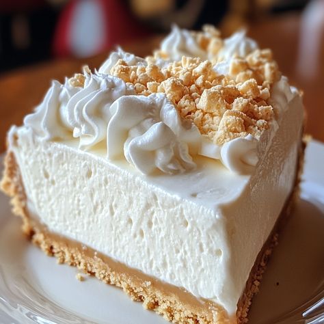 Marshmallow Whip Cheesecake Heaven ☁️ No Bake Woolworth Cheesecake Recipe, Marshmallow Whipped Cheesecake, 3 Layer Pie, Cheesecake With Marshmallow Fluff, Whip Cream Recipe Desserts, Marshmallow Cheesecake No Bake, Marshmallow Whip Cheesecake Heaven, No Bake Cheesecake Recipes Cool Whip, Marshmallow Whip Cheesecake