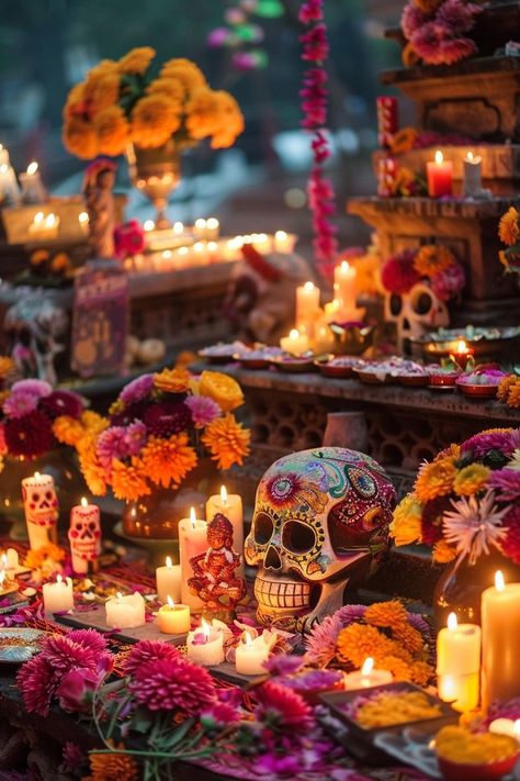 "Embrace the beauty of Día de los Muertos in Mexico! 💀🌼 Honor loved ones with colorful altars, traditional food, and festive parades. 🎨🌟 #DiaDeLosMuertos #DayOfTheDead #MexicanTraditions" Ofrenda At Wedding, Ofrenda For Wedding, Fall In Mexico, Dia De Los Muertos Porch Ideas, Day Of The Dead Ofrenda Altars, Dia De Los Muertos Decorations Ideas Party, Mexican Ofrenda Ideas, Offrenda Table Ideas Decor, Dia De Los Muertos Alters Ideas