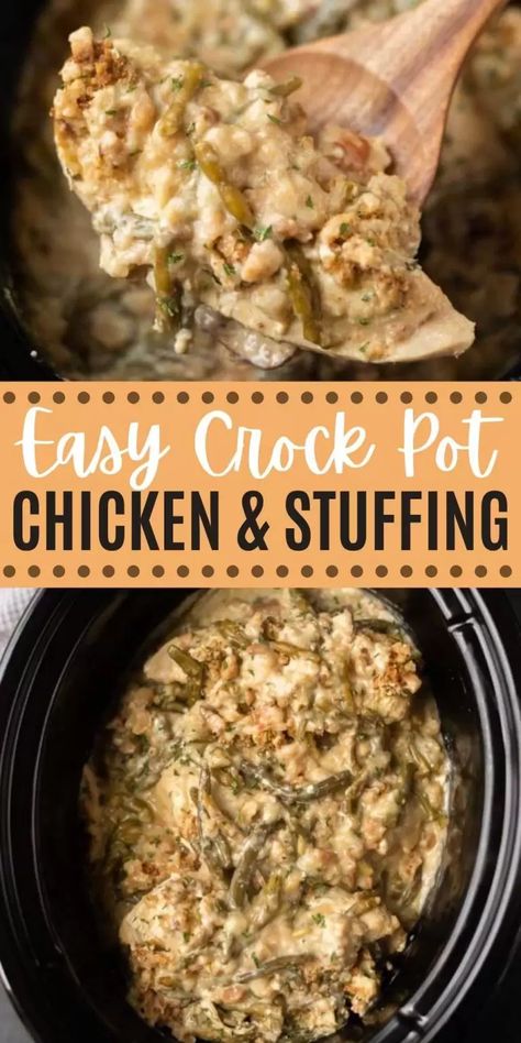 This classic Chicken and Stuffing is an easy Crock Pot recipe that is a family favorite! This easy crock pot recipe tastes like a traditional casserole without all the work! #comfortfood #slowcookerdinner #crockpotrecipes #chickenrecipes #chickenandstuffing Turkey Stuffing Casserole Crock Pot, Bland Chicken Recipes Crock Pot, Cheesy Chicken And Stuffing Crockpot, Stove Top Stuffing Chicken Crockpot, Crock Pot Chicken With Stove Top Stuffing, Chicken Stove Top Crock Pot, Turkey Tenderloin And Stuffing Crockpot, Chicken And Stove Top Stuffing Casserole Crock Pot, Chicken N Stuffing Crockpot