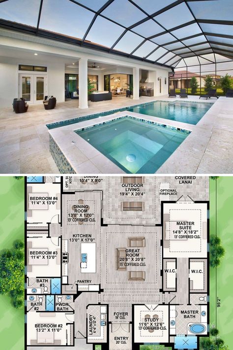 This 2 story Florida house plan has 4 bedrooms and 4.5 bathrooms, and comes with beautiful southern coastal interior decoration and design ideas. View the full floor plan, and blueprint layout of the 2947 sq. ft. luxury Florida mansion dream home with pool and covered lanai at:  https://www.architecturaldesigns.com/house-plans/striking-florida-house-plan-86018bw?cjevent=4bcb7a469b2911ea81ac06580a180510 #blueprint #floorplan #2story #FloridaHomes Florida One Story House Plans, One Floor Mansion House Plans, House Plans With Pool And Guest House, House Plan With Pool Bathroom, Modern Florida House Plans, 4 To 5 Bedroom House Plans, House Plans With Pool In The Middle, Mansion House Plans Luxury, Florida House Plans With Pool