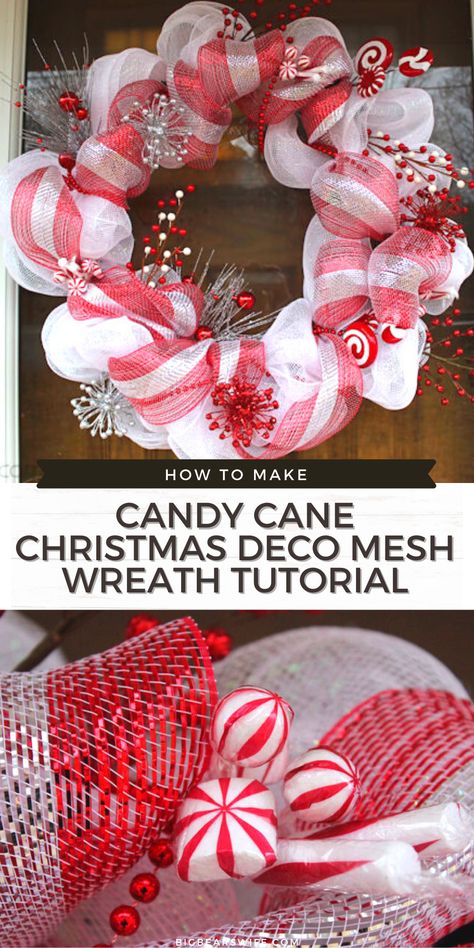 Mesh Candy Cane Wreath, Easy Mesh Wreath, Deco Mesh Christmas Wreaths Diy, Deco Mesh Wreath Tutorial, Candy Cane Wreath Diy, Wreaths Mesh, Diy Christmas Deco, Christmas Deco Mesh Wreath, Ribbon Wreath Diy