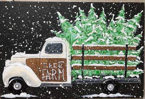 Would you leave this up after Christmas? Truck Painting, Car Night, Christmas Tree Red, Christmas Canvas Art, Red Truck Christmas, Christmas Paintings On Canvas, Charming Christmas, Christmas Car, Paintings On Canvas