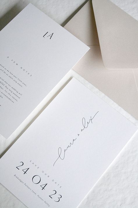 A luxury wedding staitoner based in the Yarra Valley. Specialising in bespoke design unique to each couple and their love story, our Save the Dates, Invitations, Day-Of Stationery and Signage create a stunning, cohesive atmosphere for your big day. Personalised with modern hand-lettering and custom illustration, and printed using luxe methods like Letterpress, Embossing & Foil Press for a romantic, textural experience from the moment you open the envelope. Enquire now at www.evergreenink.com.au Modern Save The Date Ideas, Wedding Save The Dates Ideas, Minimalist Wedding Stationery, Save The Date Unique Ideas, Invitation Wedding Design, Wedding Invitations Illustration, Wedding Invitation Letter, Embossing Foil, Save The Date Invites