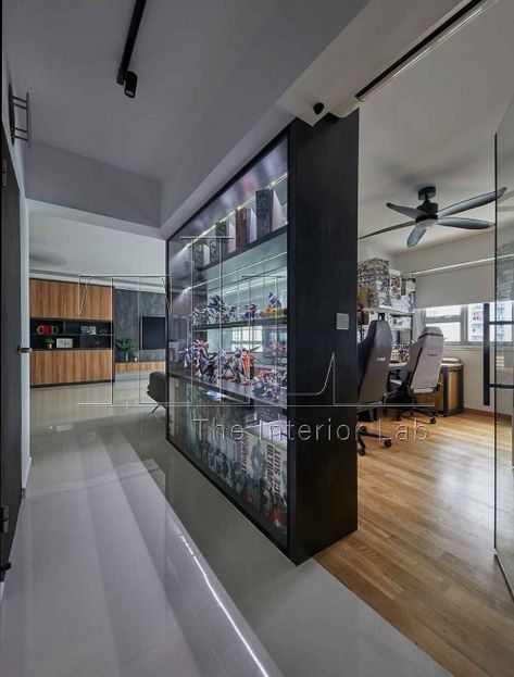 Industrial Gaming Room at Sengkang West Way by The Interior Lab Pte Ltd - Hometrust Toy Collection Room, Industrial Hallway, Geek Room, Modern Industrial Interior, Display Room, Collection Room, Renovation Budget, Lego Display, Figure Display