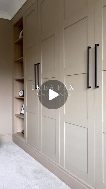 How to create a built in wardrobe with an Ikea Pax and Hendel & Hendel cabinet hardware 💫   Featuring: Battersea Pull Handle in Matt B... | Instagram Ikea Closet System With Doors, Wall Cabinet Built Ins, Ikea Closet Wall, Ikea Flisberget Light Beige, Adding Doors To Built In Shelves, Pax Beige Wardrobe, Ikea Bedroom Built In, Beige Pax Wardrobe, Open Cabinet Bedroom