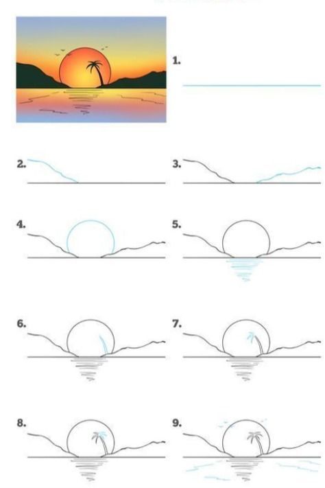 Sunset Ideas Drawing, Landscape Drawing Easy Step By Step, Art Sketches For Beginners Step By Step, Sunset Drawing Easy Step By Step, Drawing Ideas Easy Sunset, Simple Beach Scene Drawing, Easy To Draw Beach Scene, Things To Sketch Easy Step By Step, Sunset Water Drawing