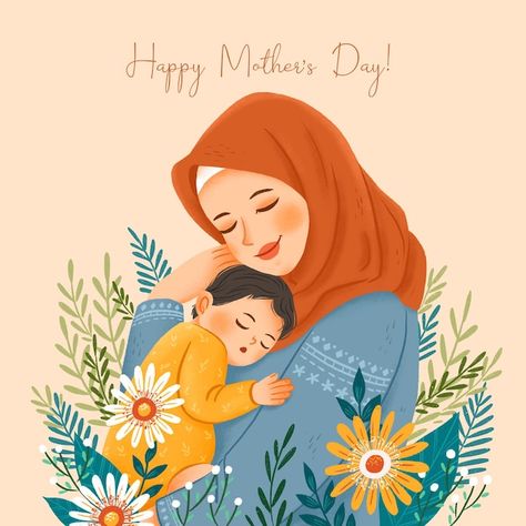 Mother Illustration Art, Muslim Mom And Daughter, Mothers Day Poster Ideas, Happy Mother’s Day, Poster On Mother's Day, Daughter's Day Wishes, Mother's Day Post, Mothers Day Illustration, Mother Illustration