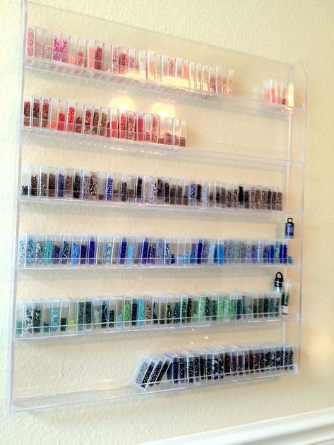 What are the best solutions to store beads, components and manage work in progress? Vast subject. It took me way more time to write this art... Bead Storage Ideas, Seed Bead Storage, Nail Polish Ideas, Nail Polish Rack, Bead Studio, Dream Craft Room, Nail Polish Storage, Storage Idea, Bead Organization