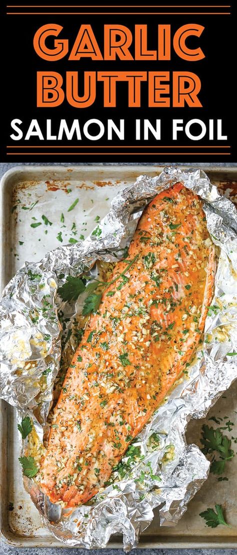 Garlic Butter Salmon In Foil, Tin Foil Dinners, Salmon In Foil, Foil Dinners, Garlic Butter Salmon, Foil Packet, Butter Salmon, Salmon Dishes, Fish Dinner