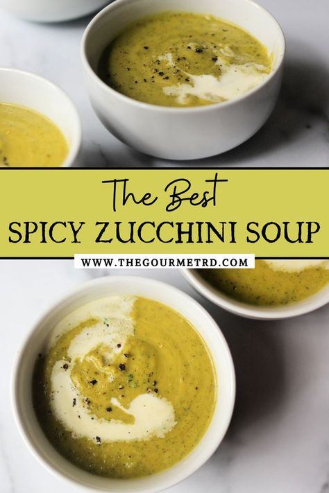 Spicy zucchini soup in white bowls on a white marble backdrop. Zucchini Water, Saute Potatoes, Spicy Zucchini, Jalapeño Soup, Creamy Zucchini Soup, Potato Zucchini, Zucchini Soup Recipes, Creamy Zucchini, Soup Maker Recipes