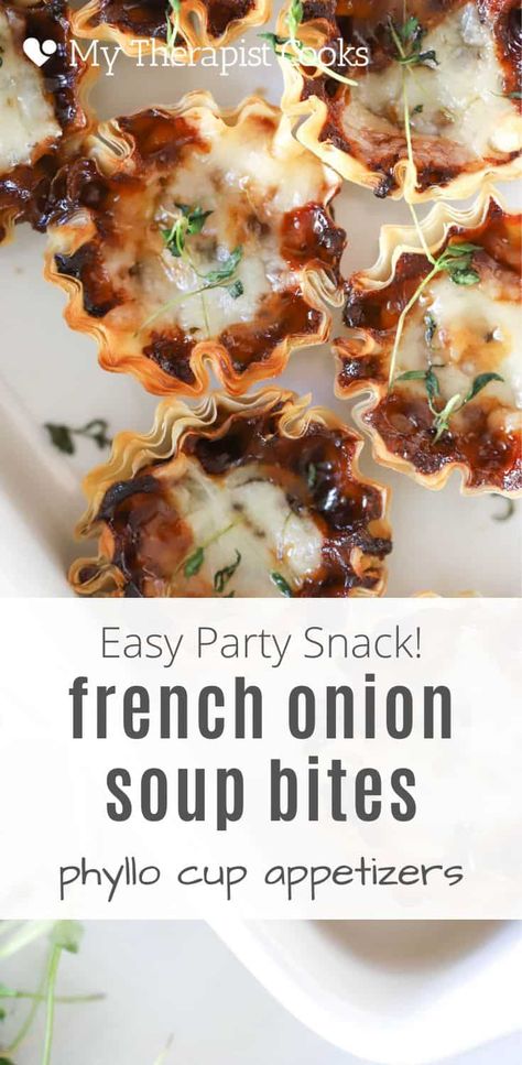 French Onion Soup Bites, Panera French Onion Soup, Cup Appetizers, Onion Appetizers, French Appetizers, Fancy Lunches, Party Snacks Easy, Phyllo Cups, Fancy Appetizers