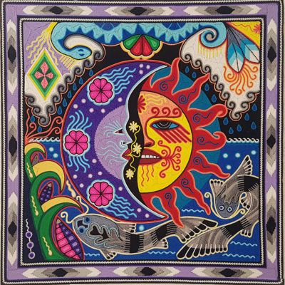 Wixárika (Huichol) Art Neikame: Moon / Sun Premier Very Fine Huichol Yarn Painting – Direct From Mexico Huichol Yarn Painting, Huichol Pattern, Yarn Painting, Huichol Art, Bull Skull, Moon Sun, Bull Skulls, Mexican Art, Abstract Artists