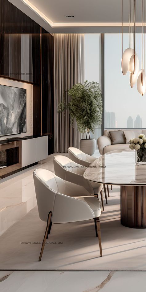 A marble tabletop shines amidst the beige calm of this tastefully designed dining room. Luxurious simplicity is key in this dining room, featuring a marble table and beige comfort. Creative Dining Table, Beige Dining Room, Luxury Dining Room Decor, Marble Dining Room, Beige Dining Chair, Dining Room Design Luxury, Dining Table Design Modern, Dining Room Interior, Luxury Dining Tables