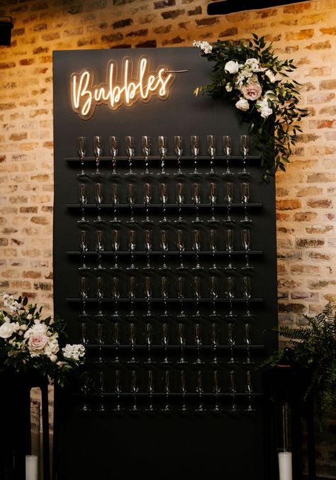 Creative Black Champagne Wall with light Dark Wedding Theme, Black Wedding Decorations, Champagne Wall, Black And White Wedding Theme, White Wedding Theme, Dark Wedding, Future Wedding Plans, Champagne Wedding, Houston Wedding