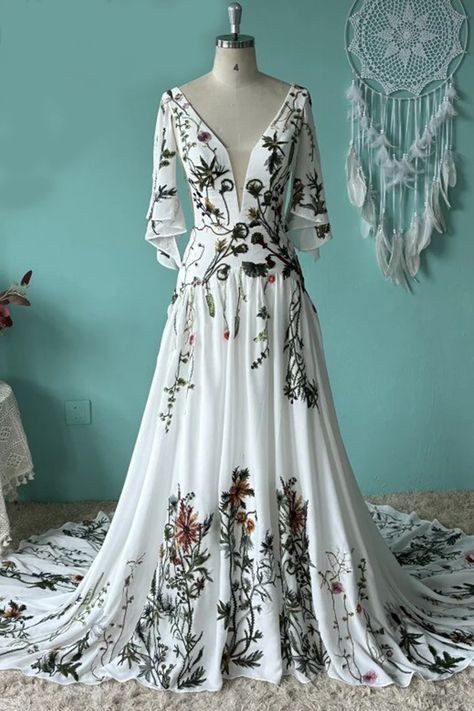 Embroidered Fall Wedding Dress, Forrest Fairy Wedding Dress, Boho Flower Wedding Dress, Floral Colored Wedding Dress, Flowered Wedding Dress, Floral Embroidery Wedding Dress, Wedding Dress With Green Detail, Witchy Wedding Dresses, Wedding Dress With Color Accents