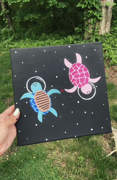 Turtles In Space Painting, Canvas Painting Ideas Cottagecore, Small Cute Painting Ideas, Things To Paint Your Best Friend, Turtle Canvas Painting Easy, Very Easy Canvas Paintings, Easy Cute Painting Ideas For Boyfriend, Cute Canvas Art Ideas, Aesthetic Painting On Small Canvas