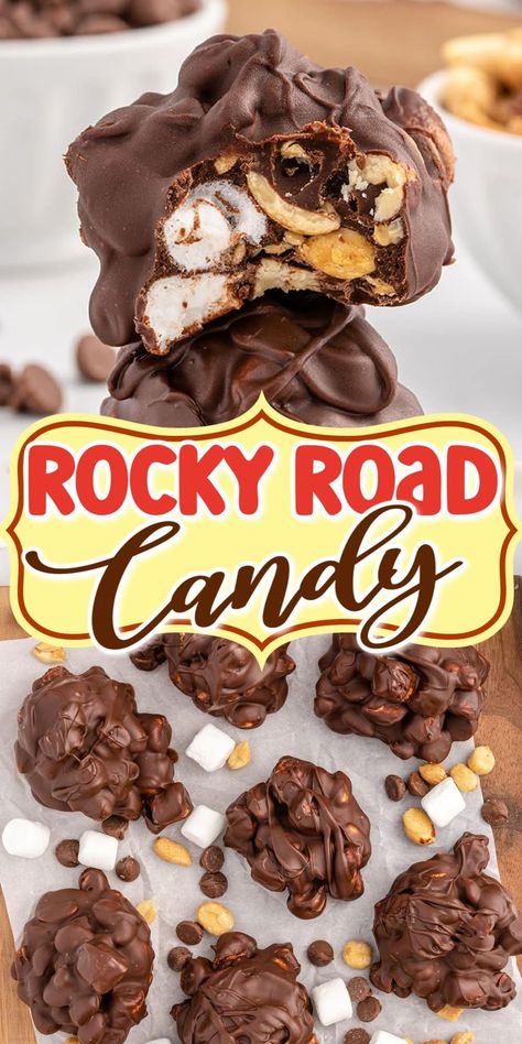 Rocky Road Candy Rockie Road Cookies, Rocky Road Crock Pot Candy, Rocky Road Bars No Bake, Crockpot Rocky Road Candy, Homemade Rocky Road, 3 Ingredient Christmas Desserts, Homemade Rocky Road Candy, Rocky Road Candy Easy, Rocky Road Bark Recipe