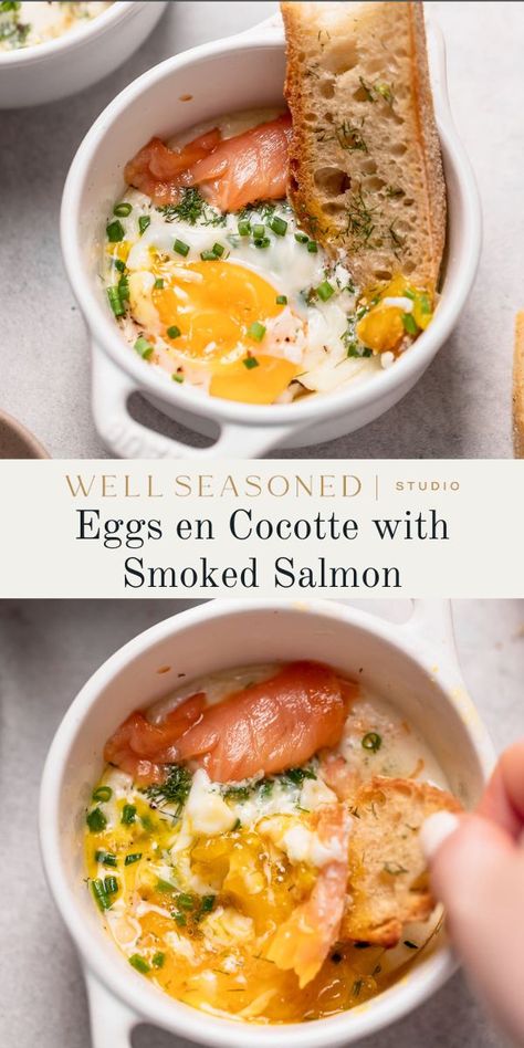 Jammy Egg Recipe, French Style Baked Eggs, French Style Eggs, Eggs Smoked Salmon, Eggs Salmon Breakfast, Breakfast With Fish, French Egg Breakfast, Eggs Smoked Salmon Breakfast, Salmon Eggs Recipe