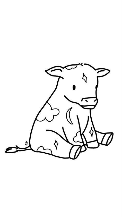 Tiny Cow Drawing, Cow Tattoo Aesthetic, Mushroom Cow Tattoo, Simple Traceable Designs, Kawaii Cow Tattoo, Pig Flash Tattoo, Cute Simple Cow Tattoos, Cute Tattoos Outline, Cow Line Art Tattoo