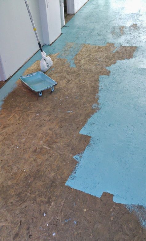 DIY Painted Particle Board Floor (Mmmm, Teal) | Dans le Lakehouse Wood Stain Ideas Diy, Wallpaper On Floor Diy, Chipboard Flooring Ideas, Painted Chipboard Floors, Painting Subflooring Ideas Diy, Cheap Flooring Ideas Diy Budget, Painted Osb Floors, Teal Basement, Cool Flooring Ideas