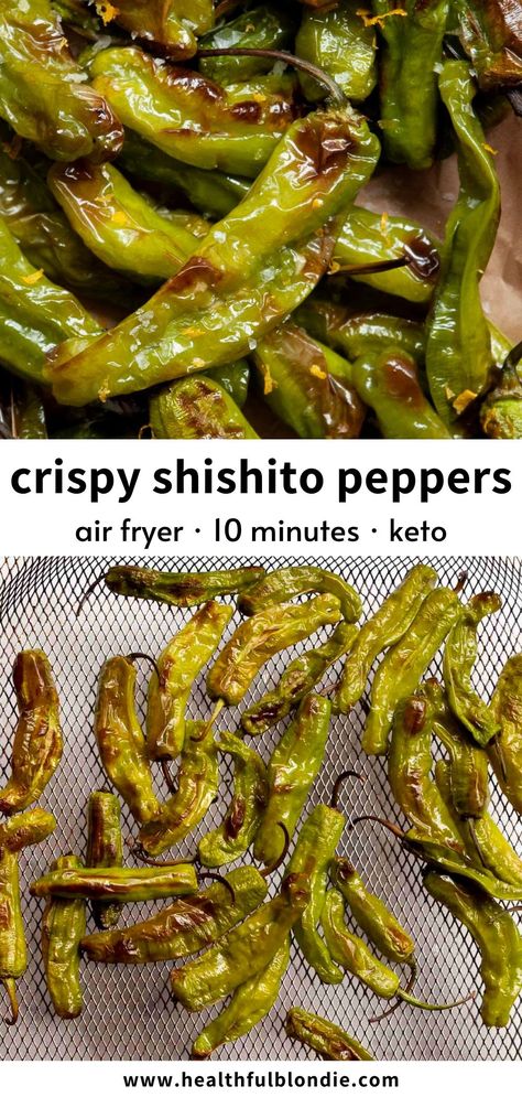 These blistered, restaurant-style air fryer shishito peppers have two flavor variations: classic sea salt lemon and sesame Asian-style. They're insanely delicious and ready in 10 minutes! Air Fryer Shishito Peppers, Shishito Peppers Air Fryer, Peppers Air Fryer, Shishito Pepper Recipe, Shishito Pepper, Shishito Peppers, Pepper Recipe, Keto Easy, Air Fryer Healthy