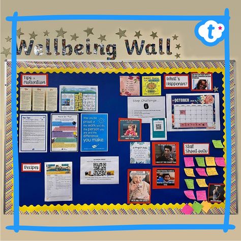 A staff wellbeing wall is a great way to motivate, inspire and support your colleagues. By including sections such as tips and motivation, recipe ideas, staff shout-outs and updates, your teaching team can have a little pick me up each time they go into the staffroom. Visit the Twinkl website for wellbeing resources to inspire your display. #wellbeing #staffwellbeing #staffwellbeingwall #wellbeingwall #teachers #teaching #teachingresources #twinkl #twinklresources #teachersupport #staffroom Bulletin Board Ideas For Staff Room, Ways To Acknowledge Staff, School Staff Board Ideas, Staff Room Wellbeing Ideas, Peer Support Bulletin Board, Staff Announcement Board, Employee Wellness Bulletin Board, School Wellbeing Display, Staff Positivity Ideas