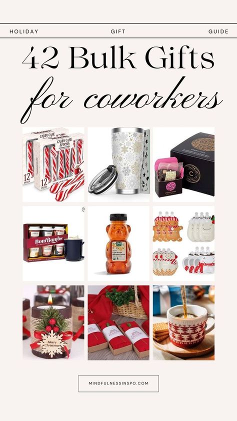 42 bulk gifts for coworkers for Christmas featuring winter coffee tumbler, individually packed tea, bombombs hot chocolate powder in small coffee cups, honey in bear packaging, Christmas sheet masks in bulk, Christmas candles in bulk, Christmas shawl in bulk, Christmas mug in a sweater, sugar canes and more gift ideas in the gift guide on mindfulnesssinspo.com Gifts For Staff Christmas, Small Christmas Gifts For Coworkers, Bulk Gifts For Coworkers, Coworker Xmas Gifts, Gifts For Staff, Diy Christmas Gifts For Coworkers, Coworker Holiday Gifts, Employee Holiday Gifts, Work Christmas Gifts