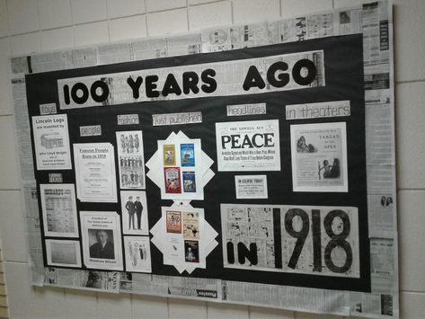 100th day of school bulletin board. 100 years ago in 1918... newspaper School Anniversary Bulletin Boards, 100 Day Bulletin Board Ideas, Middle School Bulletin Boards History, 100th Year School Anniversary, 100 Day Of School Bulletin Board Ideas, 100th Year Celebration, History Bulletin Boards Middle School, History Teacher Bulletin Boards, Classroom Themes High School History