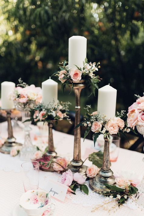 Candle Sticks & Flowers | Wedding Inspiration | Styling Swish Vintage | Images by Miss Gen Candles And Flowers, Vintage Wedding Centerpieces, Candlestick Centerpiece, Orchard Wedding, Tafel Decor, Wedding Floral Centerpieces, Wedding Table Decorations, Wedding Table Centerpieces, Wedding Candles