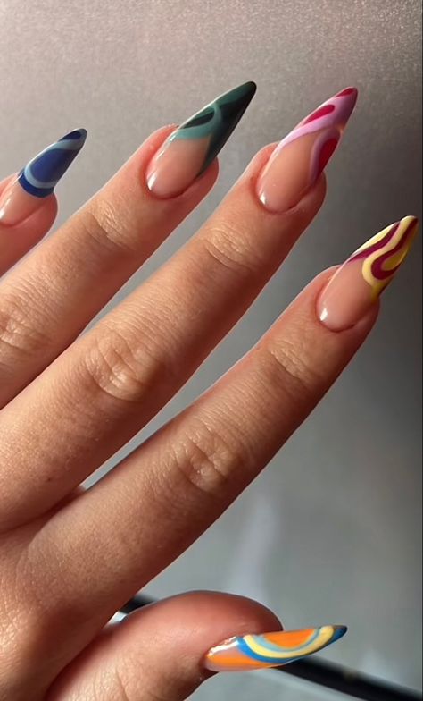 Oval Nails Colorful, Abstract Nail Art Almond Shape, Almond Junk Nails, Every Nail Different Design, Unique Almond Nails, Graphic Nail Designs, Almond Nails Black Women, Abstract Art Nails, Kutek Disney