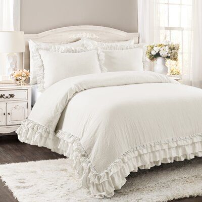 This comforter set will add a touch of feminine style to any bedroom or dorm room. The lace trim and layers of ruffles add flair to an otherwise minimalist look that can also fit into the farmhouse. Size: Twin XL Comforter + 1 Standard Sham, Color: White | One Allium Way® Esai Microfiber Comforter Set Microfiber in White, Size Twin XL Comforter + 1 Standard Sham | Wayfair | Home Decor Lace, Bedroom, Farmhouse, Pillows, Lush Decor, Comforter Set, Lush, Ruffles, Bed