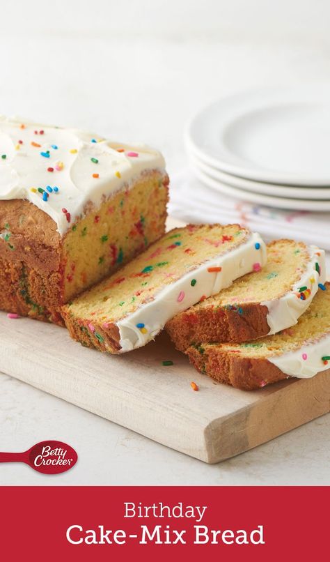 Sweeten your next celebration with this simple and colorful cake-mix bread! A great alternative to a sheet cake, this recipe makes two loaves, so you can double your fun. Cake Mix Brownies, Cake Mix Recipes, Cake Mix Cookies, Dessert Bread, Food Cakes, Sheet Cake, Pina Colada, Coffee Cake, Just Desserts