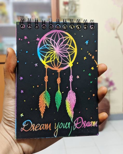 Loving this scratch book😍  #art  Dream catcher in a scratch book. Colorful in it's own way 🥰 Paintings On Sketch Book, Black Paper Art Ideas Creative, Scratch Board Ideas, Scratch Paper Art Ideas, Scratch Book Ideas, Scratch Book Art, Scratch Art Ideas Easy, Scratch Art Designs, Rainbow Scratch Art Ideas