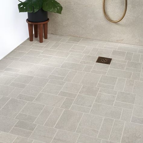 Sample-Acadia French Pattern Linen Beige Matte Porcelain Mosaic Tile Limestone Shower Floor, Classic Bathroom Floor Tile, Limestone Bathroom Floor, French Tile, Small Ensuite, Porcelain Tile Bathroom, Mosaic Bathroom Tile, Mudroom Flooring, Affordable Tile