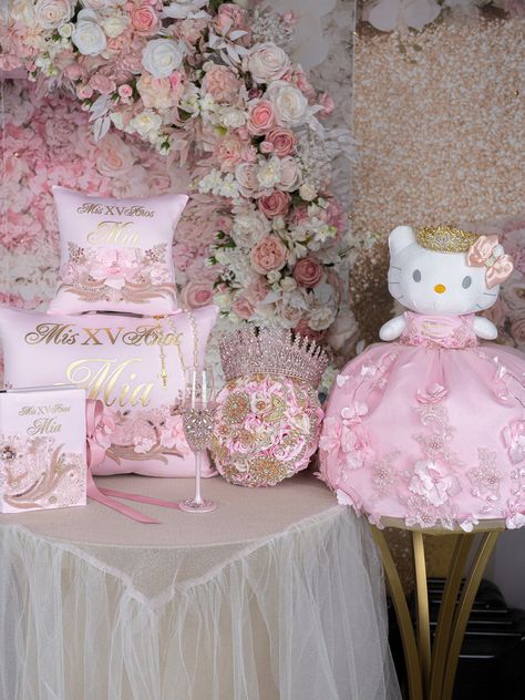 Pink with Gold quinceanera package of glass, pillows set, bible, rosar / quinceanera-decor Last Bear Quinceanera, Quinceanera Themes Pink And Gold, Good Quinceanera Dresses, Disney Theme Quinceanera, Table Centerpieces Quinceanera, Pink Quince Flowers, Pink Floral Quinceanera Theme, Pink And Black Quinceanera Theme, Pink Perfection Quinceanera Theme