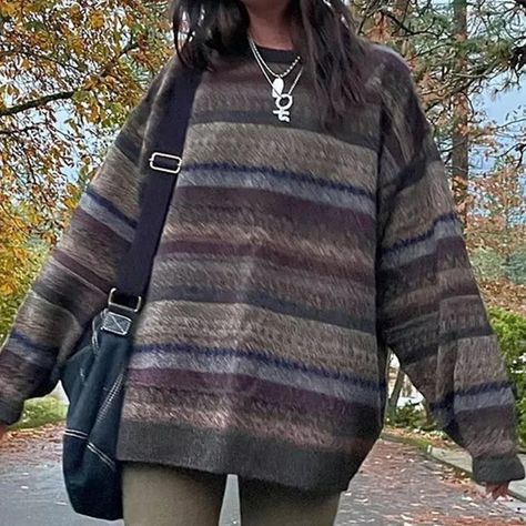 Preppy Grunge, Striped Knitted Sweater, Sweater Autumn, Vintage Y2k, Knitted Sweater, Full Sleeve